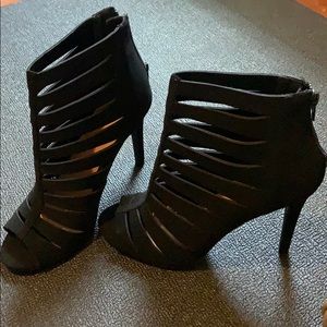 Black open toe bootie heels